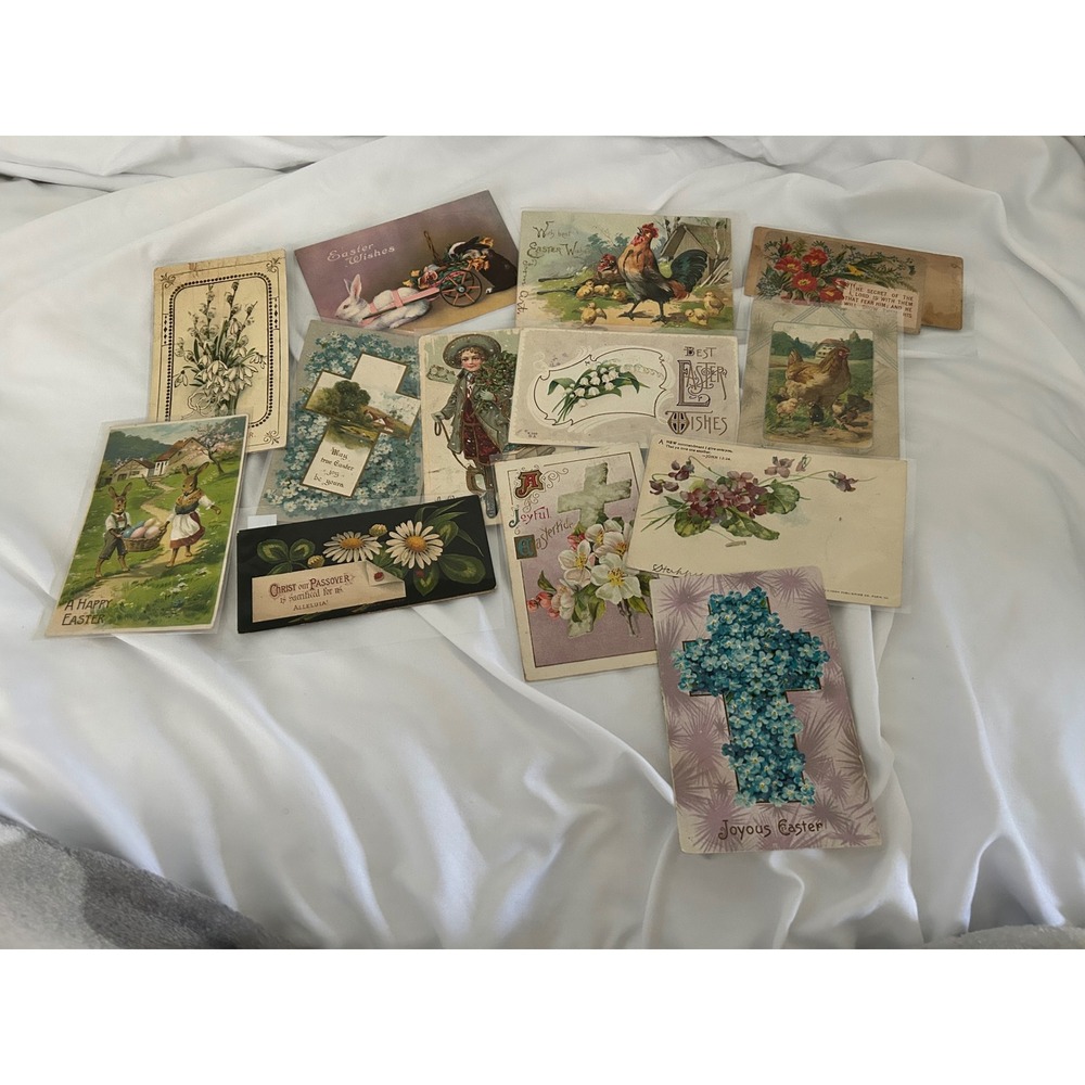 Vintage Easter Postcard Lot 12pc Antique Religious Floral Bunnies 1900s
